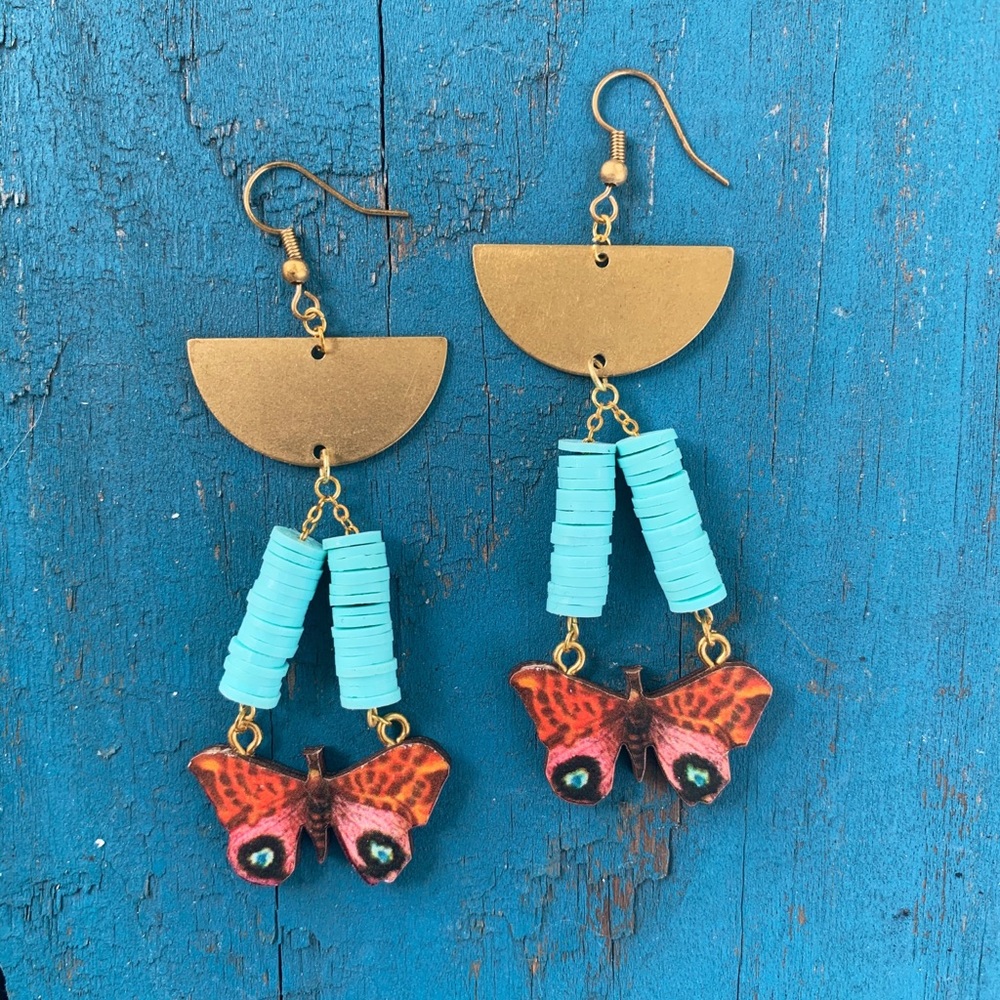 Handmade butterfly earrings with brass & beads